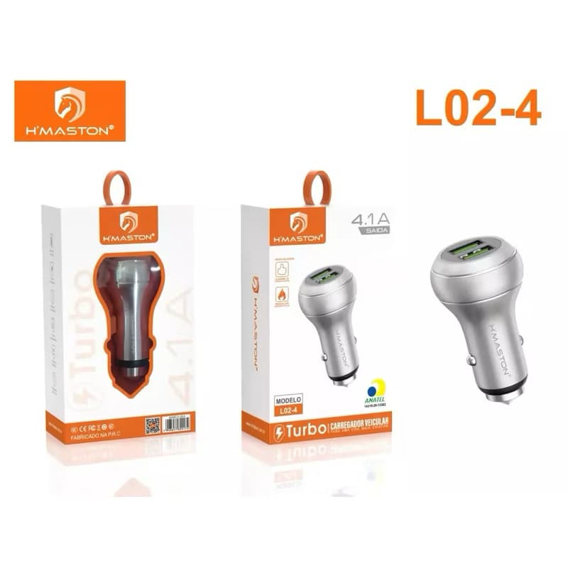 H'maston L02-4 Carregador Veicular Metal  2 Entradas Usb 2.4A e 3.1A Carregador Turbo