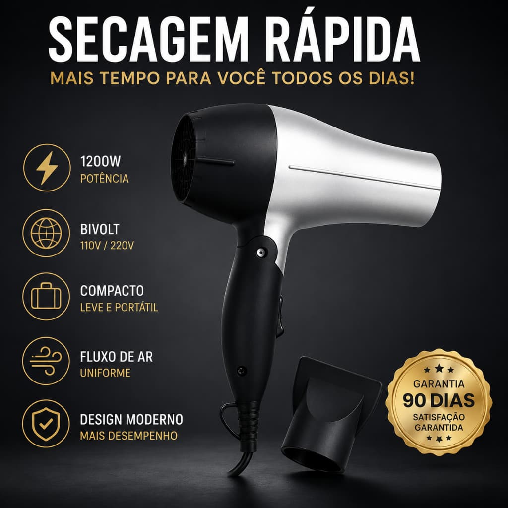 Secador Cabelo Portatil Potente Compacto 1200w Bivolt Design Moderno Rapido