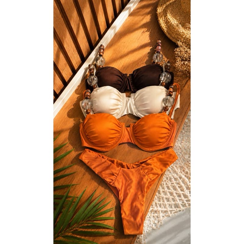Biquíni meia taça com pedraria luxo calcinha plissada semi fio moda blogueira tendência