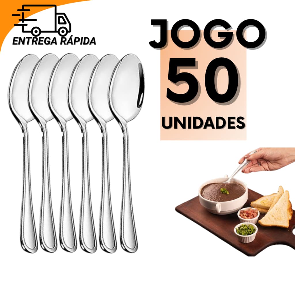Jogo 50 Colheres Inox Para Sopa Caldinho Salada De Fruta Cozinha Dia a Dia Restaurantes Bares Festas