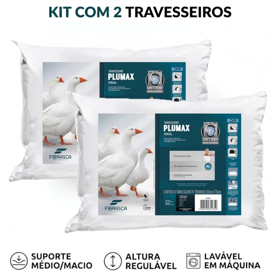 Kit 2 Travesseiros Pluma Regulagem de Altura Plumax Percal Fibrasca 50x70cm Cor Branco