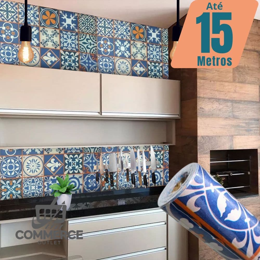 Papel de Parede Adesivo Decorativo Azulejo Português Autocolante Rolo 5m x 45cm Cozinha Banheiro