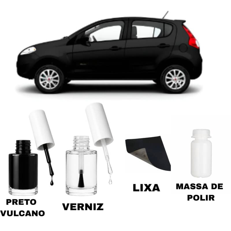 Tinta Tira Risco Preto Vulcano Fiat + Verniz + Lixa + Massa de Polir
