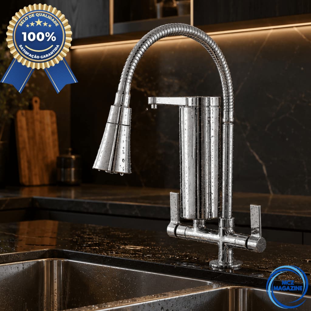 Torneira com Filtro Gourmet Pia Cozinha Bancada Inox Cromado Chuveirinho 1/4 volta