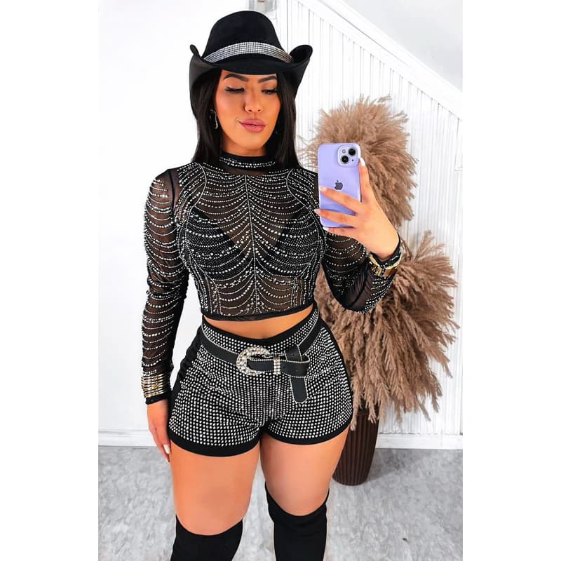 Conjunto Feminino Cropped Tule  Corrente Pedraria Strass Brilho Moda Rodeio Vaquejada  Balada