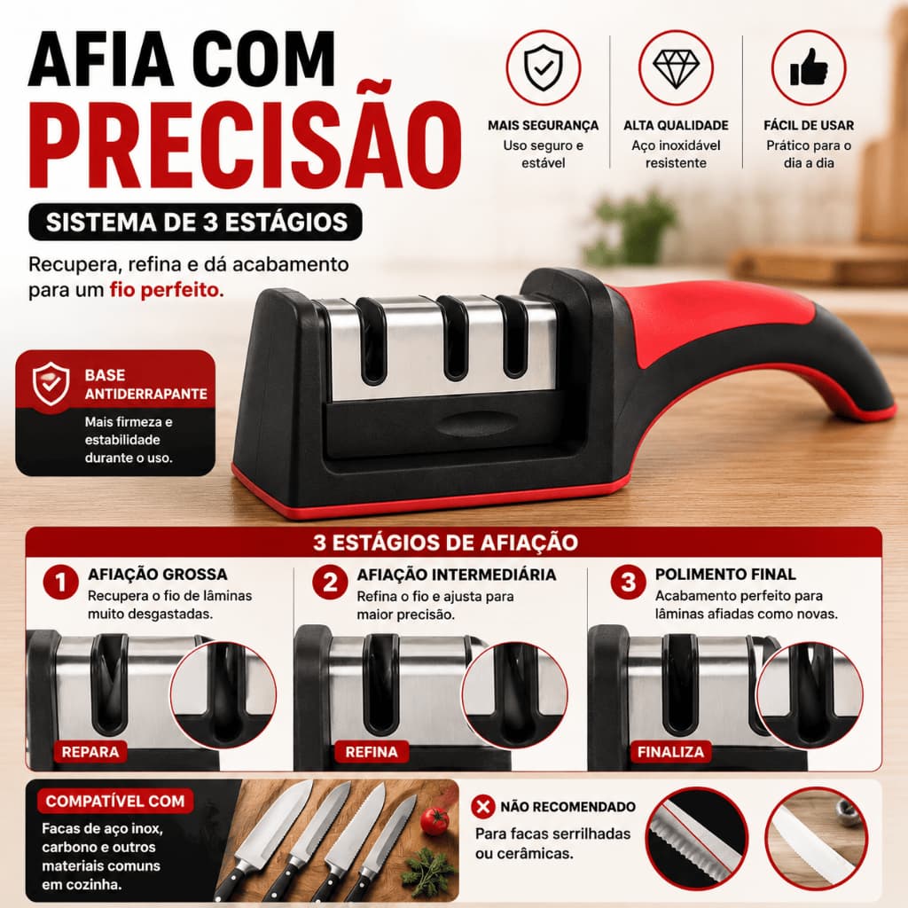 Afiador Amolador de Facas em Aço Inox com 3 Afiadores Base Emborrachada Linha Profissional