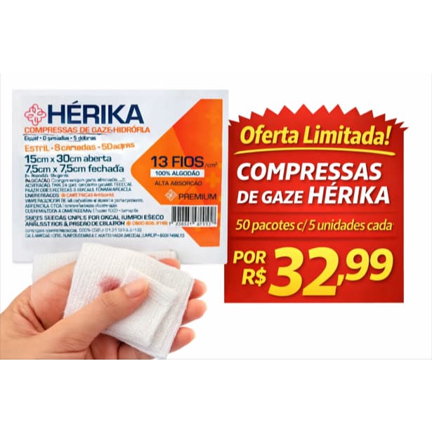 Compressa de Gaze PREMIUM 50 Pacotes c/ 5 un cada (7,5x7,5 - 13 fios)