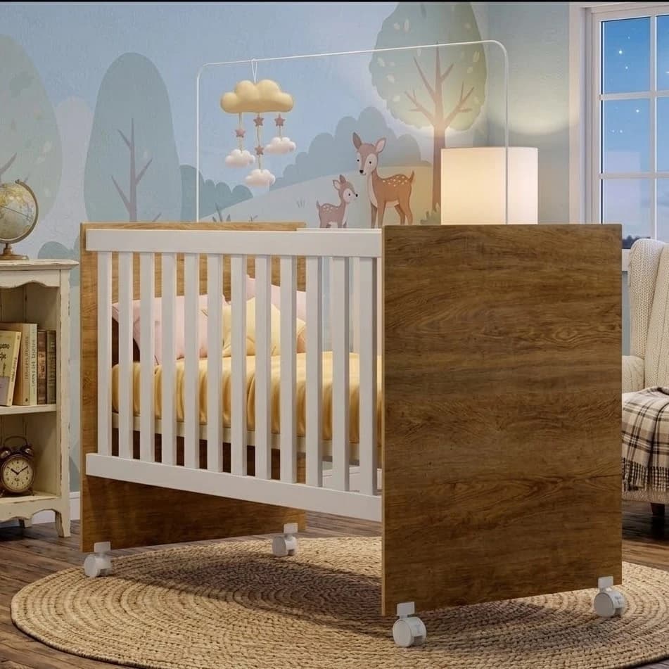 Berço Americano Life 120x60 Suporte Mosquiteiro Rodízios Compacto Quarto Bebê MDF Incluso Colchão