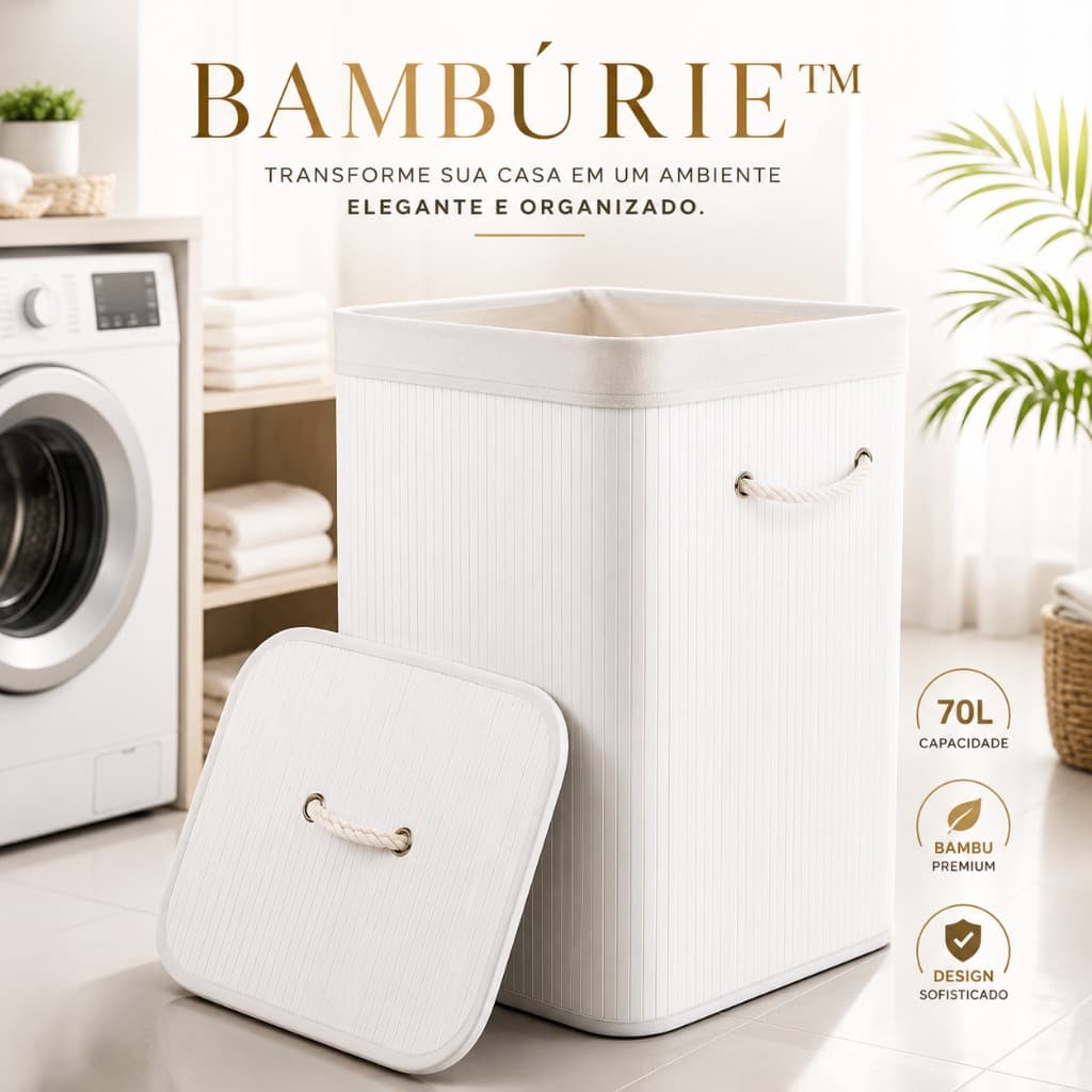 Cesto Organizador de Bambu 70L com Tampa Branco | Lavanderia Closet Banheiro Roupas Quarto Tênis