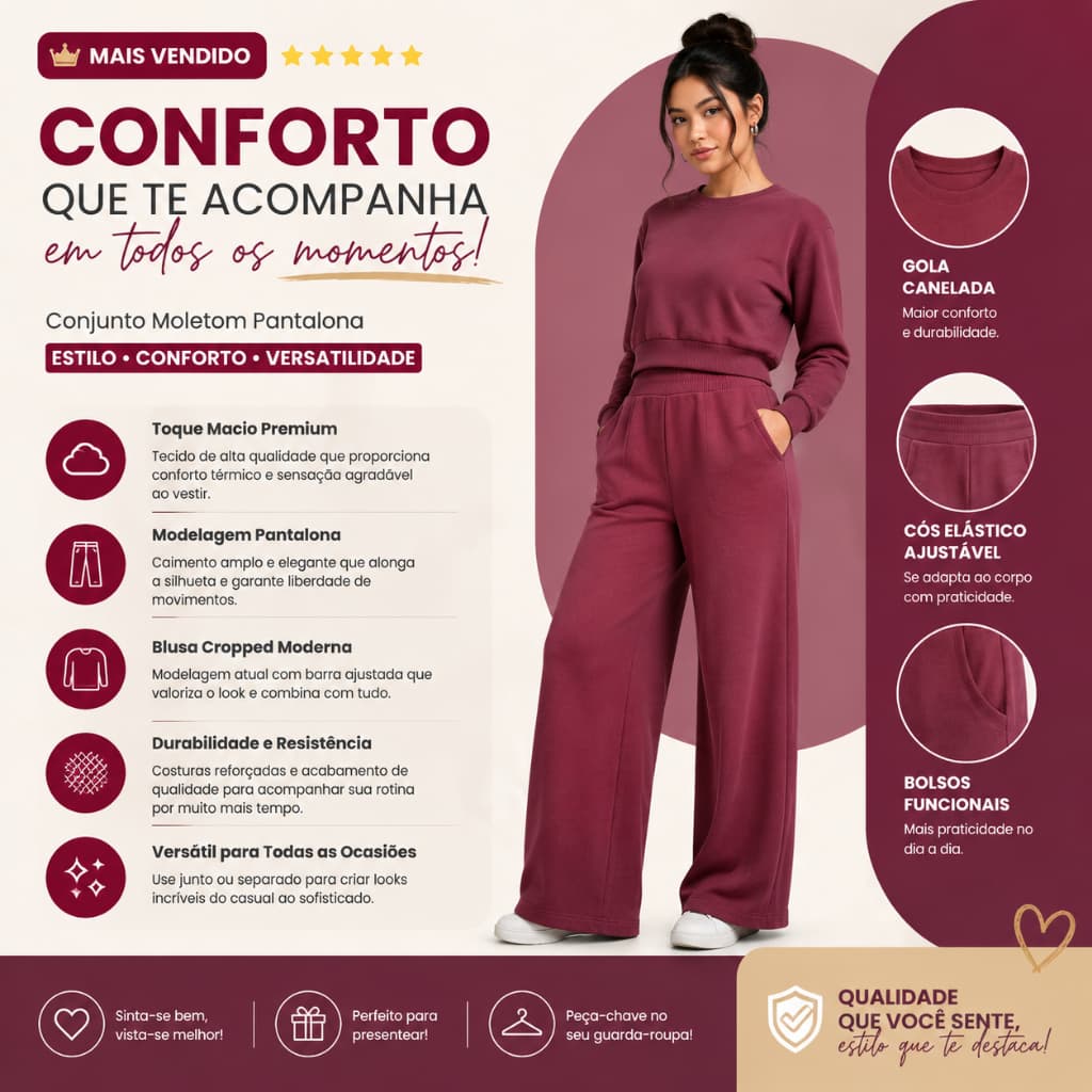 Conjunto Feminino Moletom com Calça Pantalona Inverno Frio