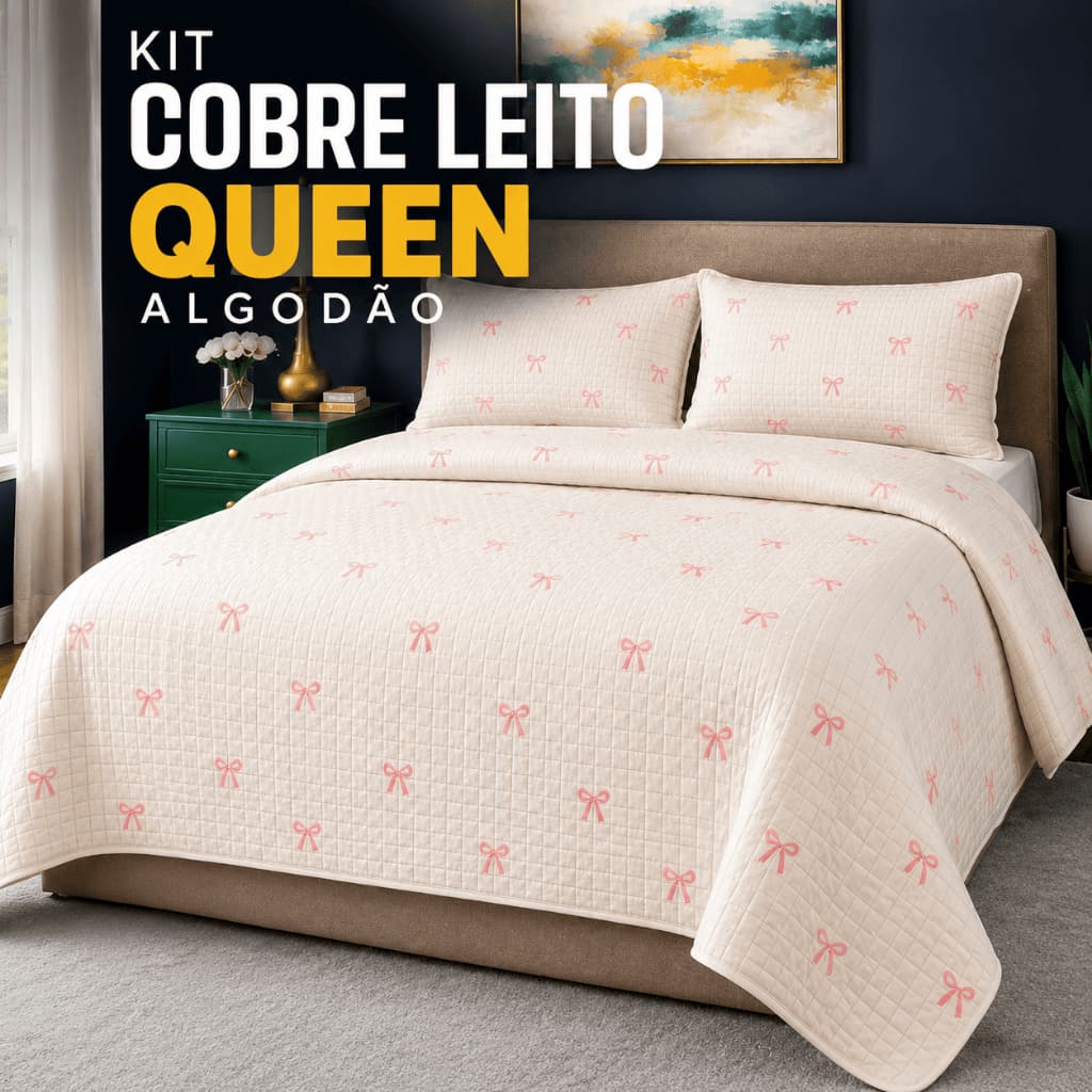 Colcha Queen Algodão Kit Cobre Leito 3 Peças Lacinhos Cama Box Posta Decoração Quarto Luxo