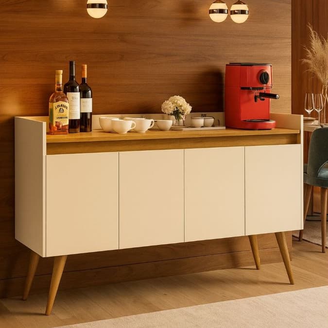 =Aparador Bufet Estilo Retrô Cantinho Do Café Pés Em Madeira Maciça 4 Portas Prateleira Organizadora