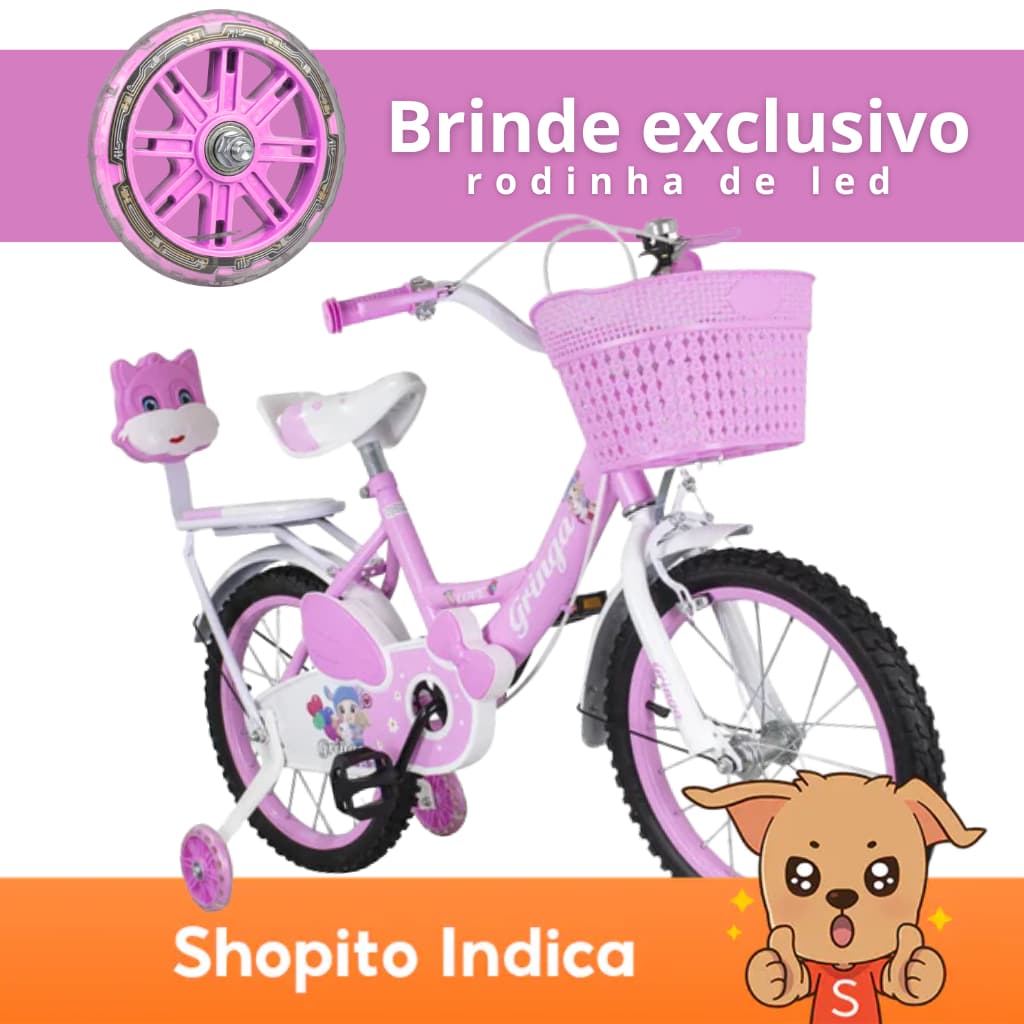 Bicicleta Infantil Menina 3-7 anos Aro 14 LED + V-Brake + Assento Boneca + Cestinho + Pneu + Paralamas + Sininho