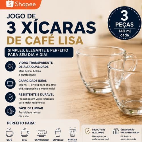 Jogo 3 Xícaras de Café Lisa 140ml em Vidro Transparente Resistente