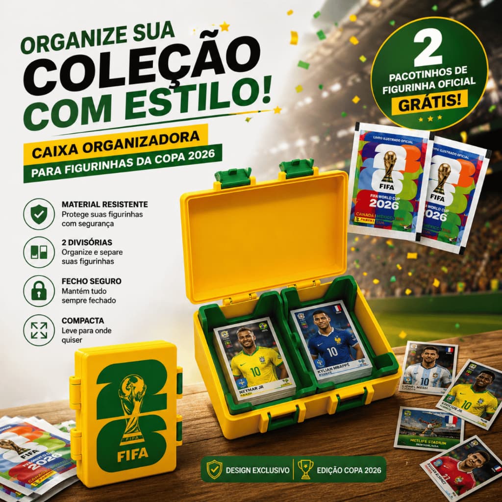 Porta Figurinhas Copa 2026 + 2 Pacotinhos Oficiais Grátis | Caixa Organizadora Premium FIFA