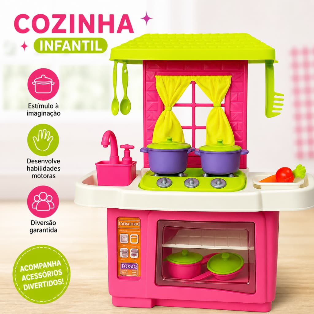 Kit Cozinha Rosa Infantil Completa com Forno Pia Fogão e Panelinhas Brinquedo Educativo Infantil