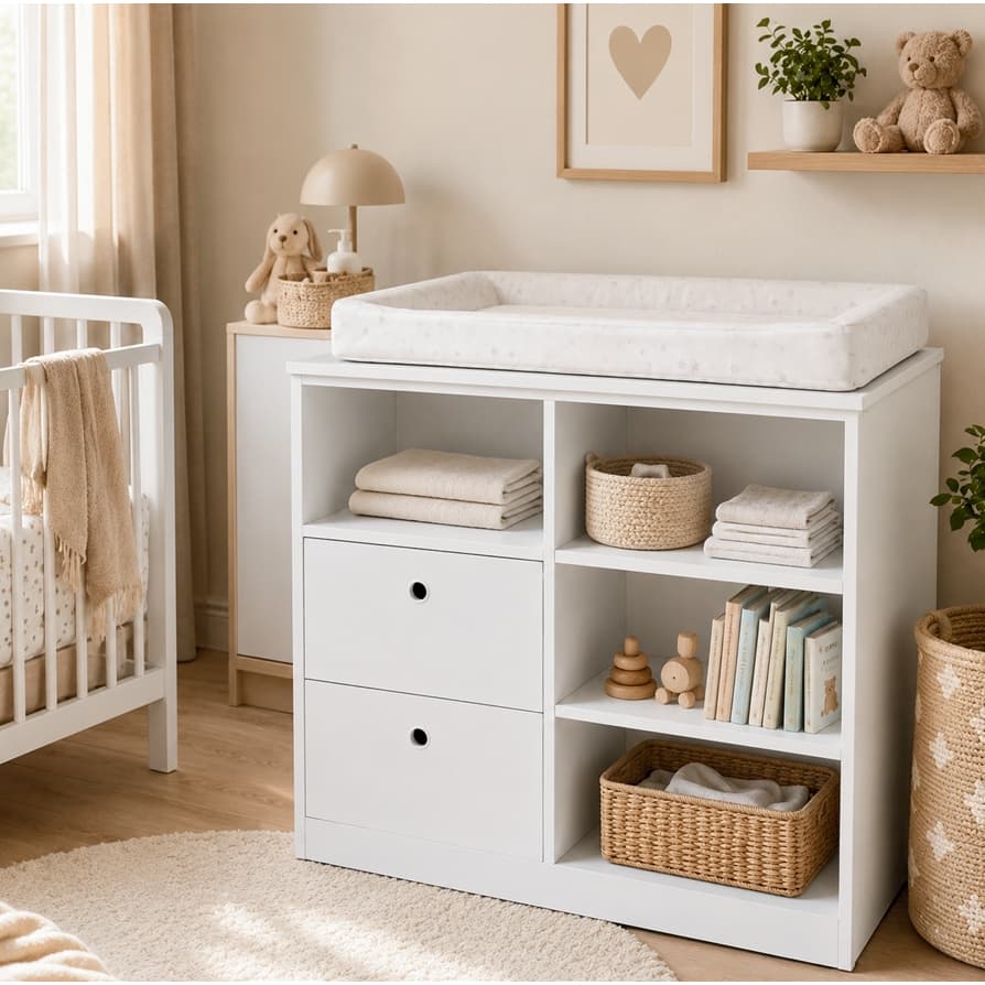 Trocador Cômoda Bebê Infantil MDF/MDP 2 Gavetas Com Nicho Prateleiras Quarto Bebê Pintura Multiuso