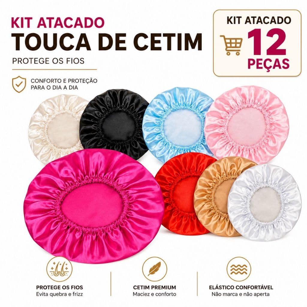 KIT ATACADO 12 Toucas de Cetim Simples - Cores Sortidas