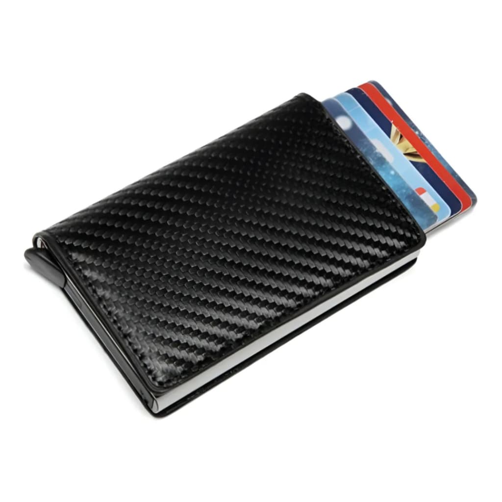 Carteira Porta Cartão Masculina Slim em Couro Legítimo Antifurto com Proteção RFID Pop-Up Compacta com Design Moderno-