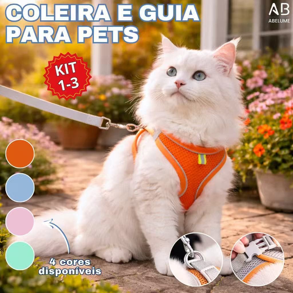 Coleira de Cachorro Peitoral Trela Para Cães Cão Cachorros e Gatos Pet Colete Com Guia Malha de Náilon