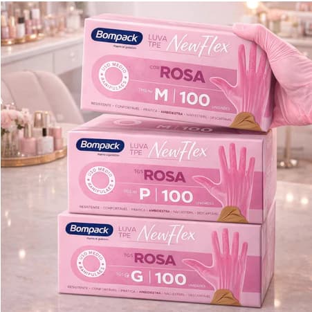 KIT 100 LUVAS VINILFLEX ROSA DESCARTÁVEIS SEM PÓ BOMPACK