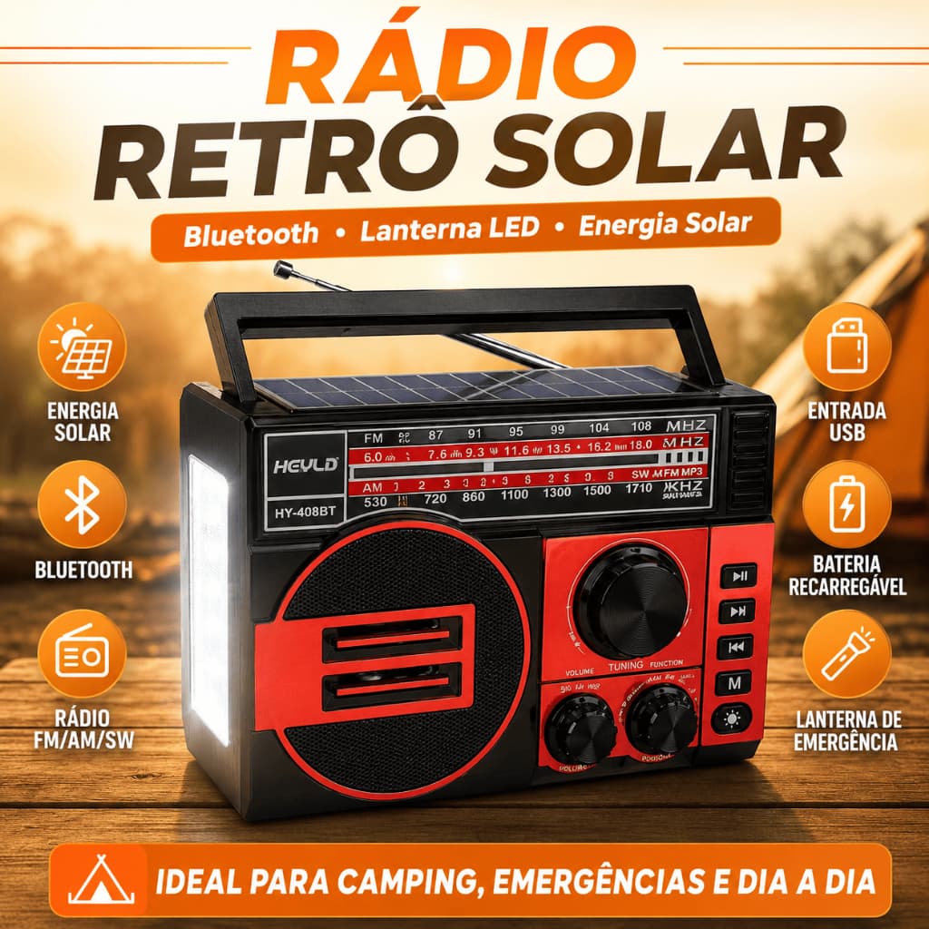 Rádio Retrô Solar Bluetooth Lanterna LED USB Recarregável