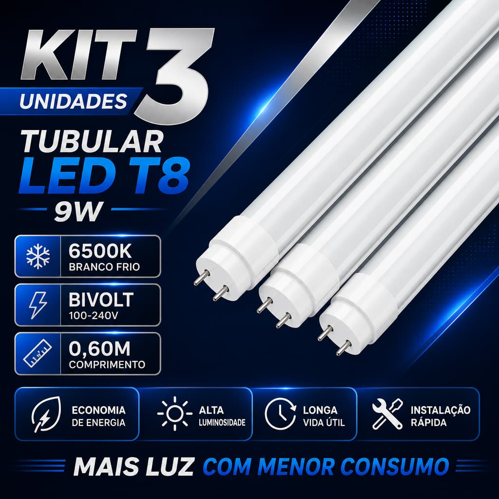 Kit 3 Lâmpadas LED Tubular T8 9W 60cm 6500K