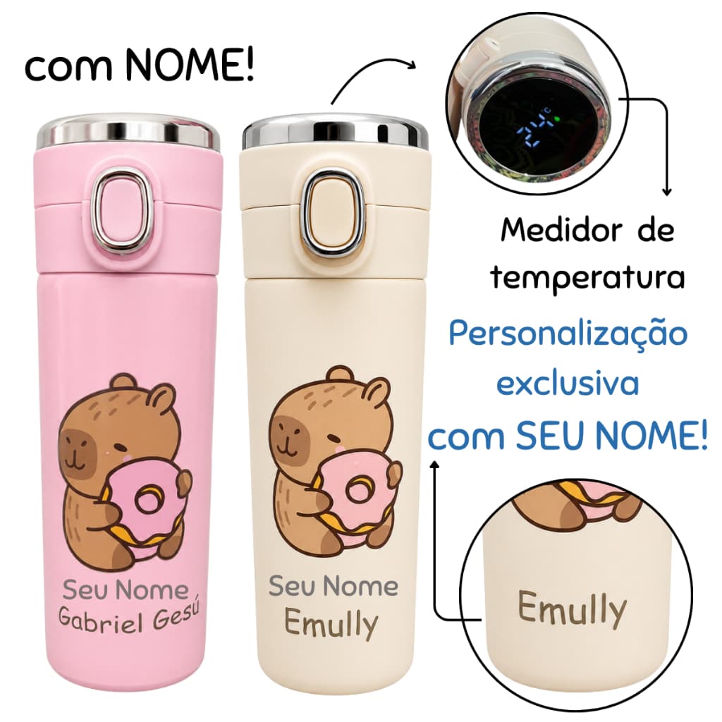 Garrafa Térmica Inox CAPIVARA Com NOME Termômetro Digita Led e Trava de Segurança Personalizada Adulto Infantil escolar