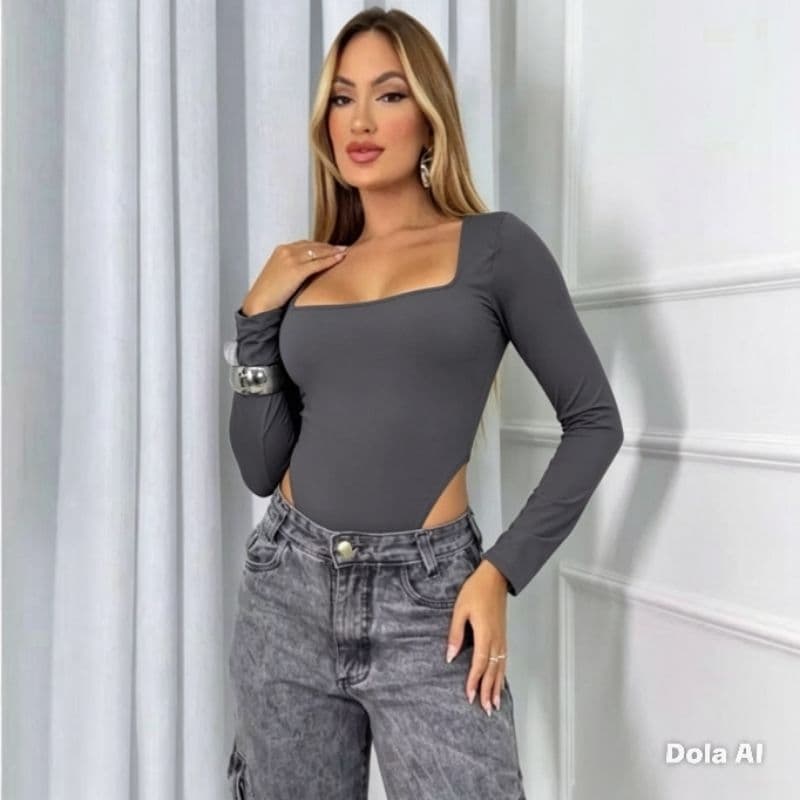 Body Manga Longa Decote Quadrado Cavado Moda Gringa Outono Inverno. Elegante Casual Versátil.