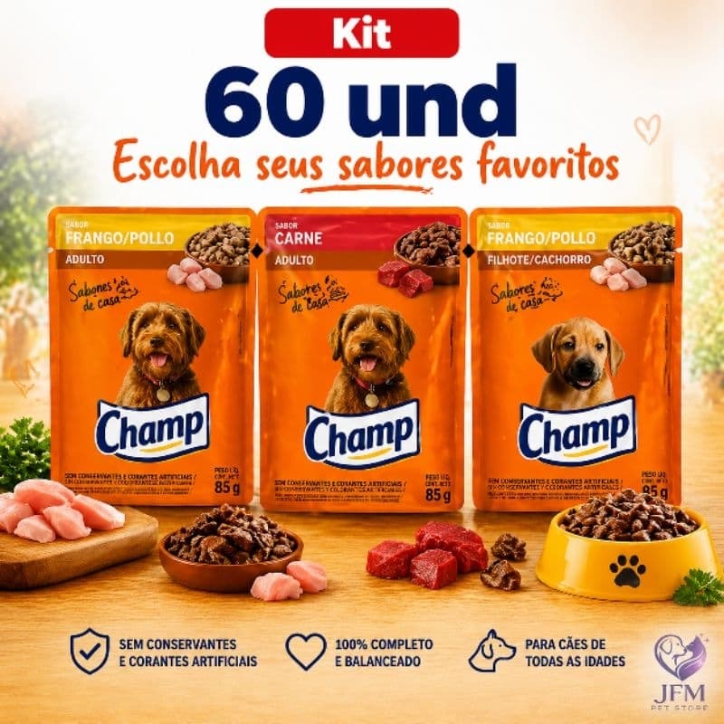 CHAMP 60 UND Carne/Frango e Filhote - Sachê para Cães 85g