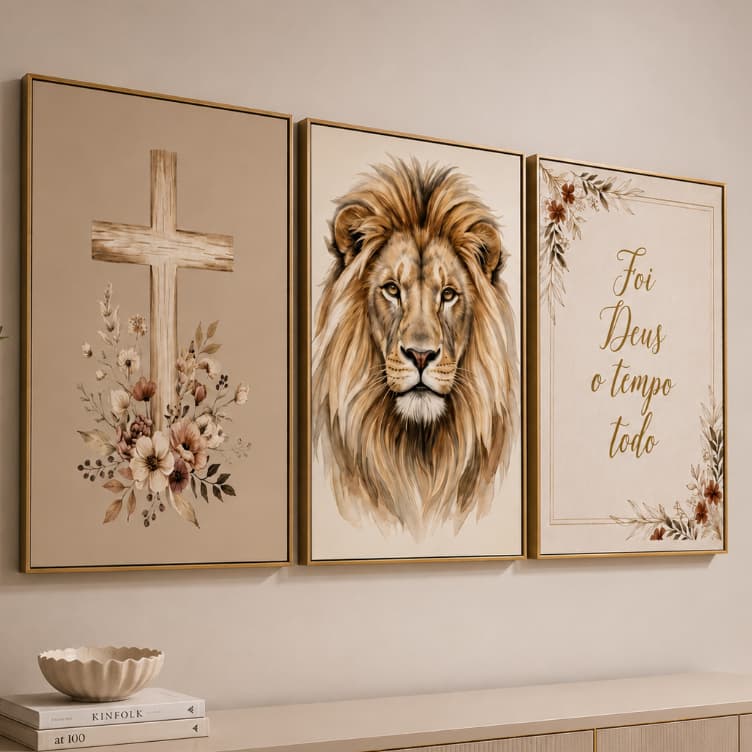 Quadro Decorativo 3 Peças Leão Cruz Frase Religiosa Foi Deus o Tempo Todo Arte para Sala e Quarto