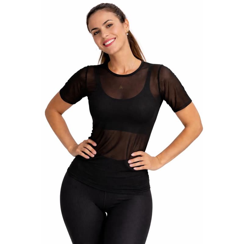 Blusa Tule Transparente Feminina Fitness Preta | Segunda Pele Academia Manga Curta Modeladora