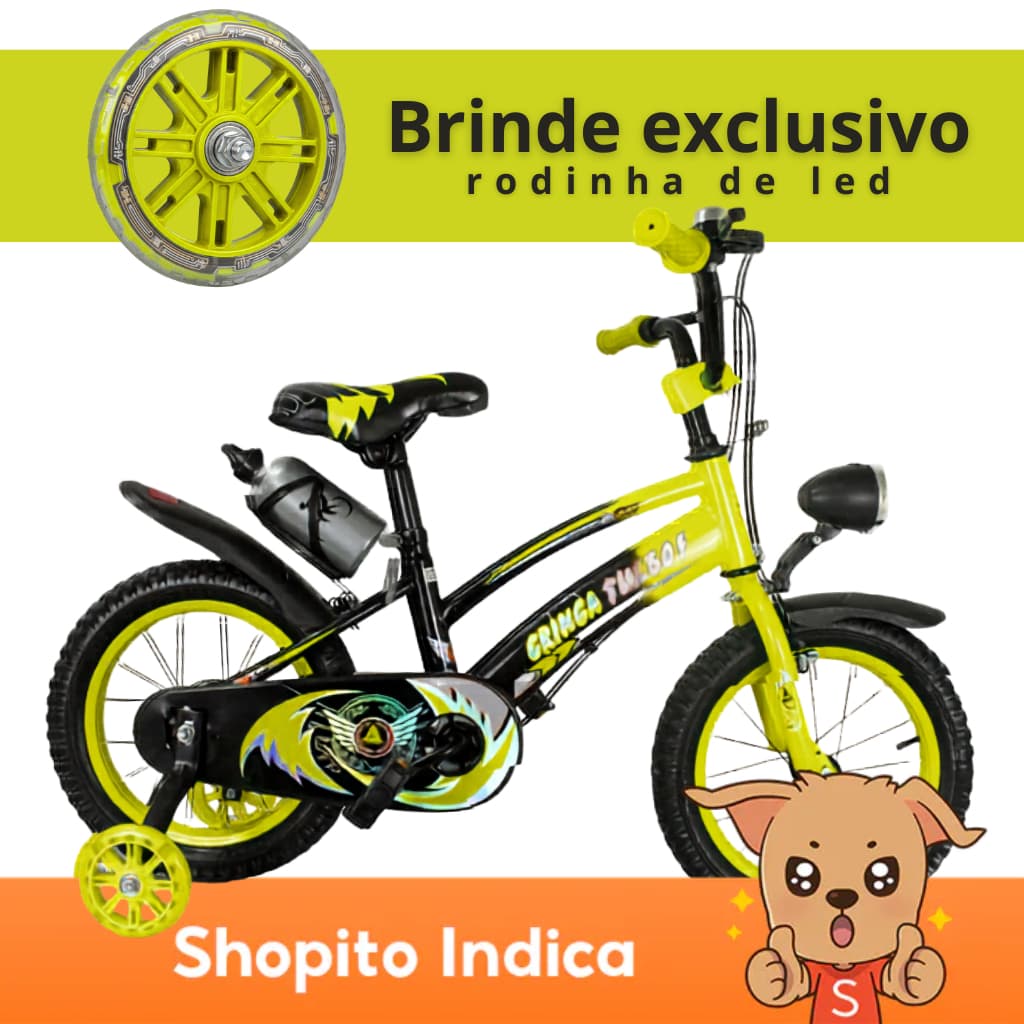 Bicicleta Infantil Aro 14 Old School Amarela 3 a 7 Anos LED + Pneu Grosso + Farol + Rodinhas + Freio V-Brake Completa