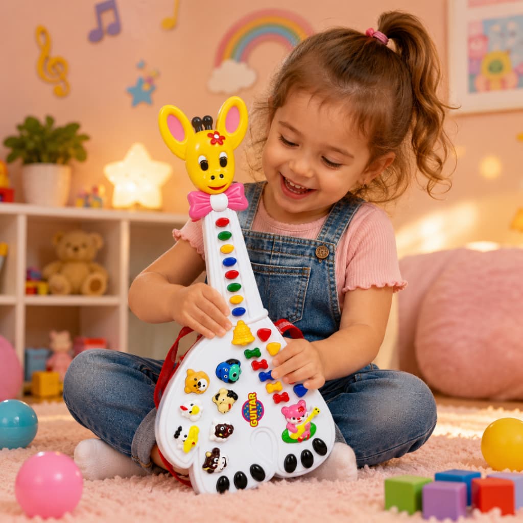 Guitarra Girafa Musical Com Sons de Bichos e Luzes 26 Teclas Diversão Interativa