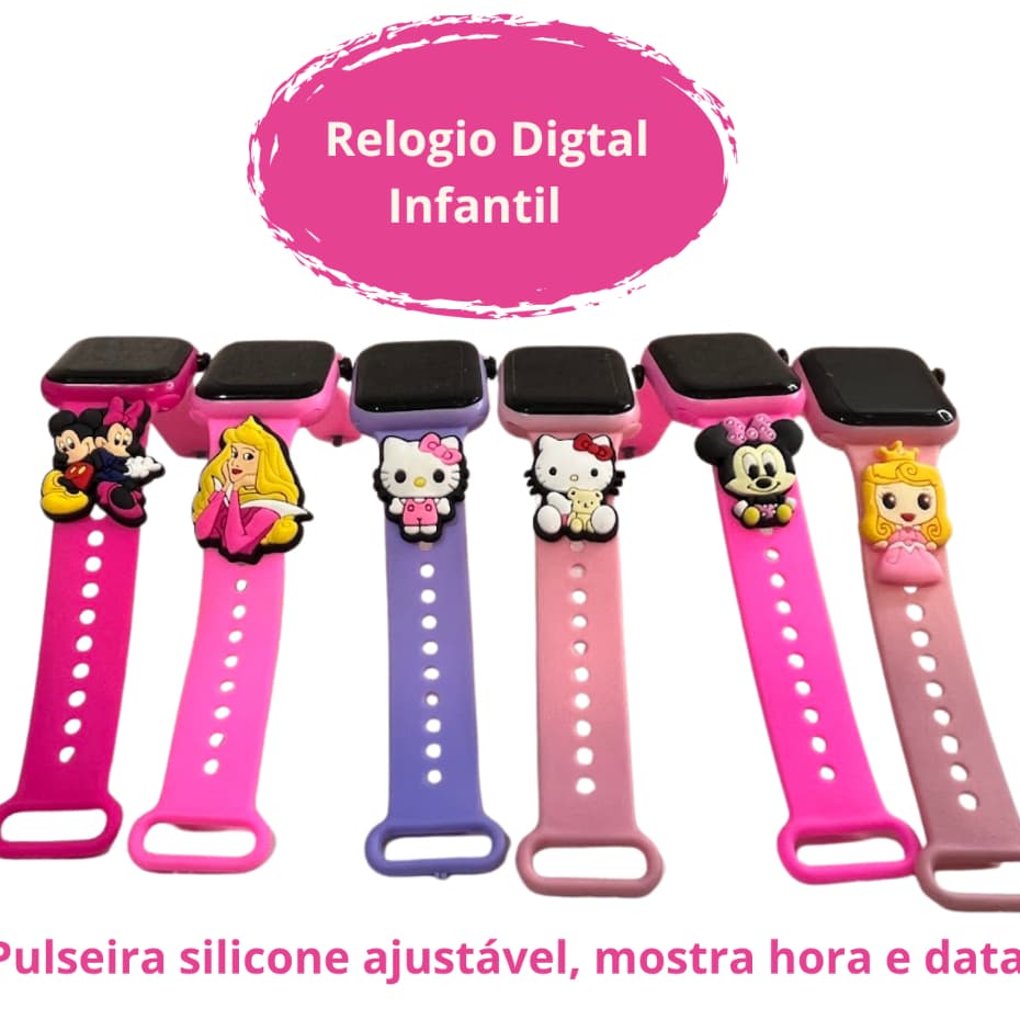 Relógio Infantil Digital Feminino Hello Kitty Minnie Princesa  Prova da Água