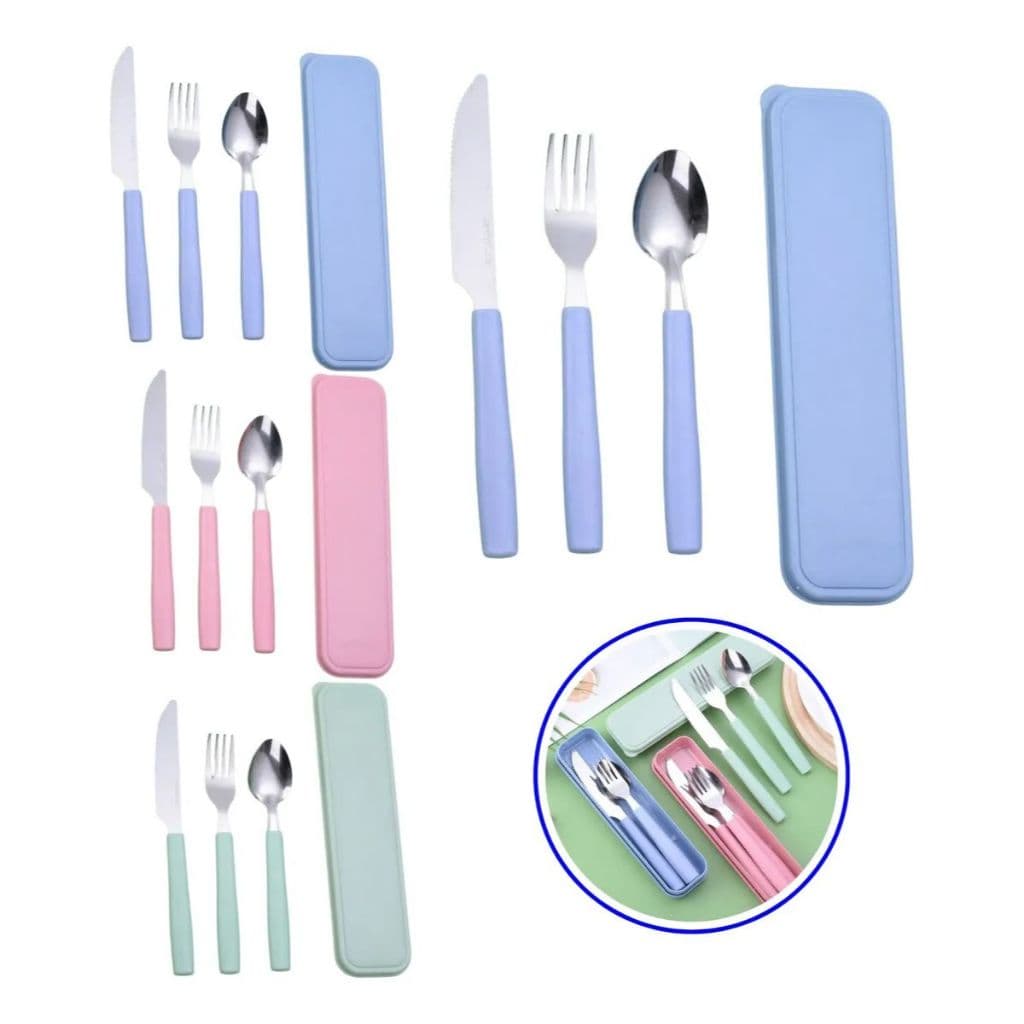 Kit Talheres 3 Peças Com Estojo Azul Portátil Inox E Plástico Para Marmita Viagem Trabalho Escola