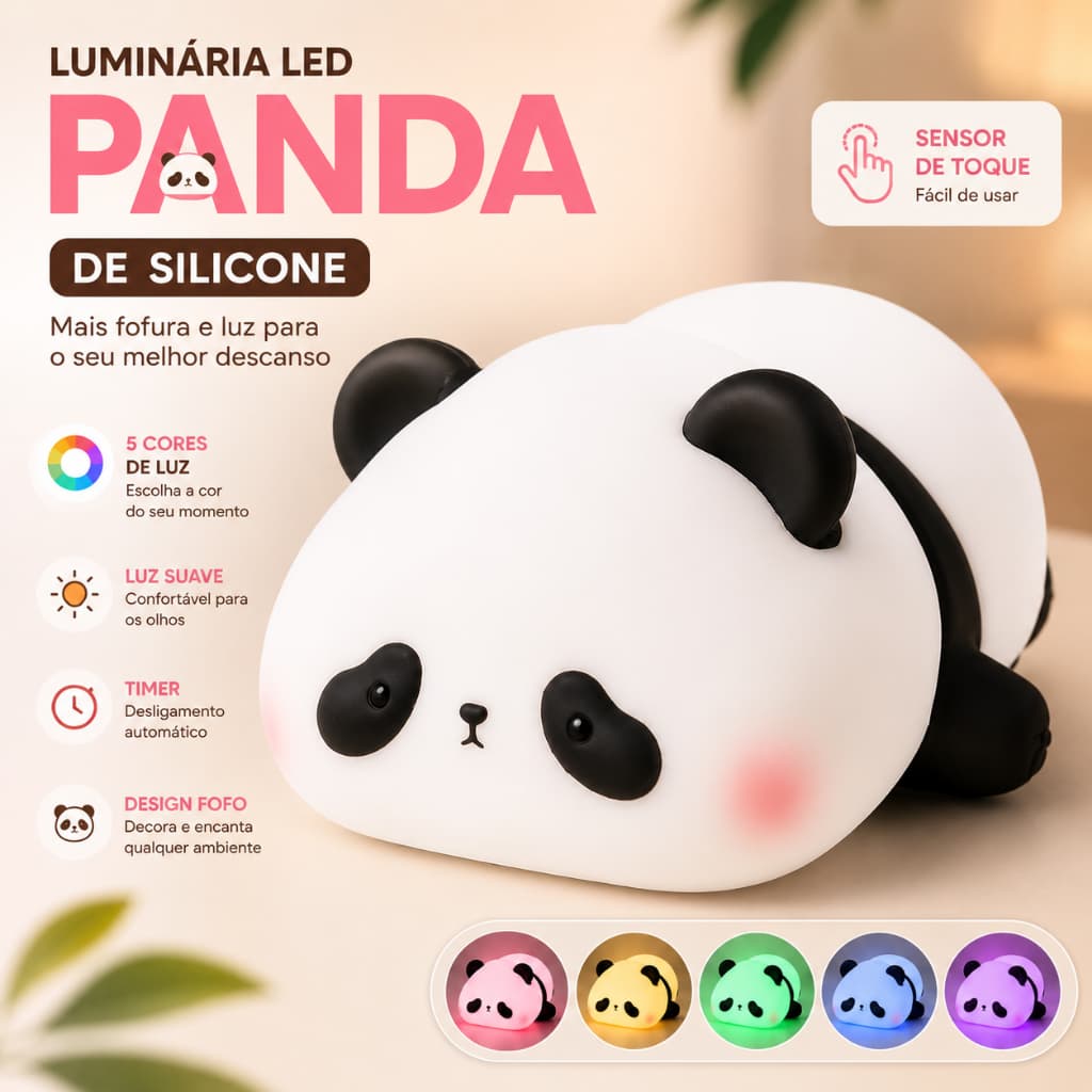 Luminária Noturna Panda Fofa - Recarregável USB, Toque, 3 Níveis de Luminosidade