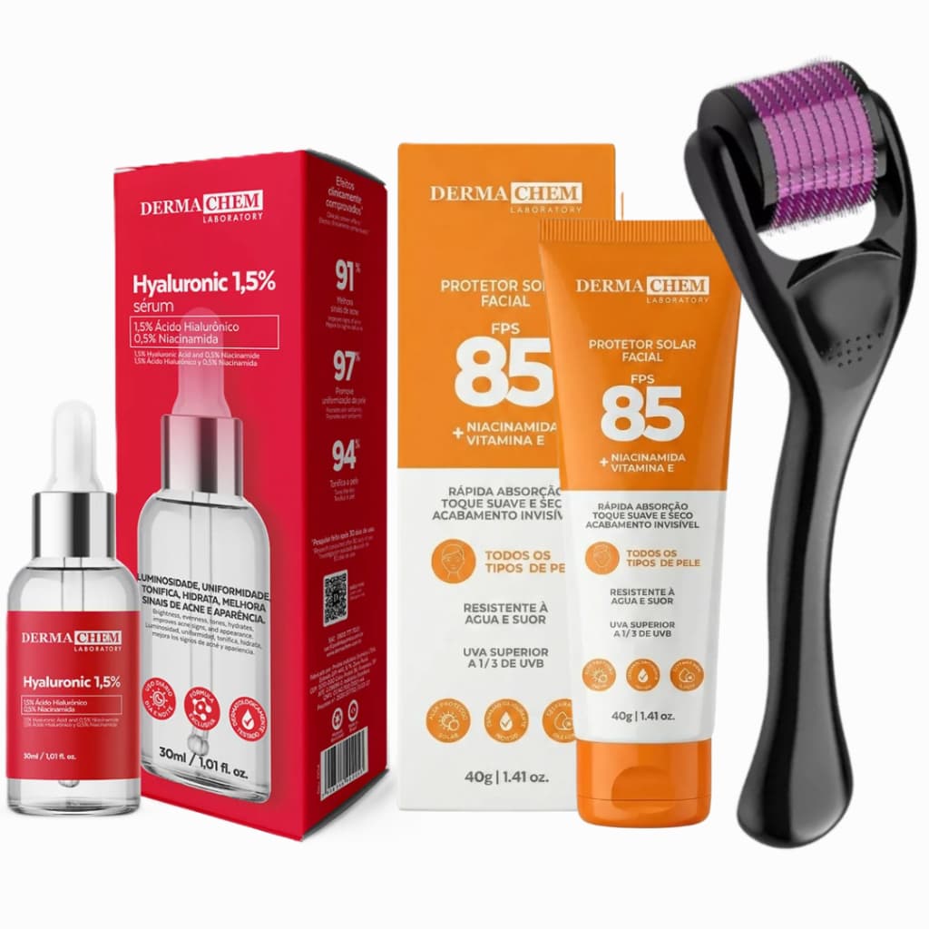 Ácido Hialurônico 1,5% Kit Com Microagulhamento E Protetor Solar Combate Previne Rugas Linha de Expressão Clareamento