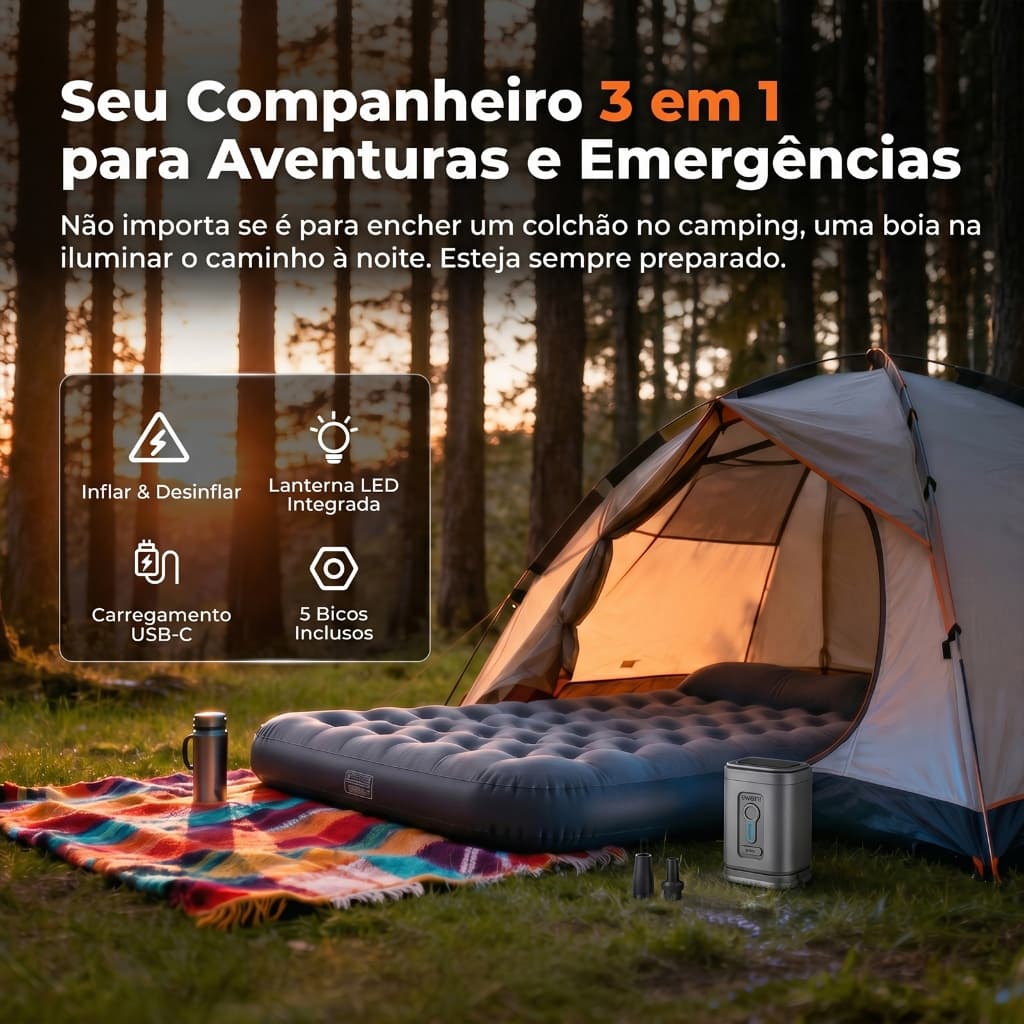 Bomba Elétrica Portátil para Acampamento com Luz LED – Infla e Esvazia Rapidamente Colchões, Boias e Outros Infláveis