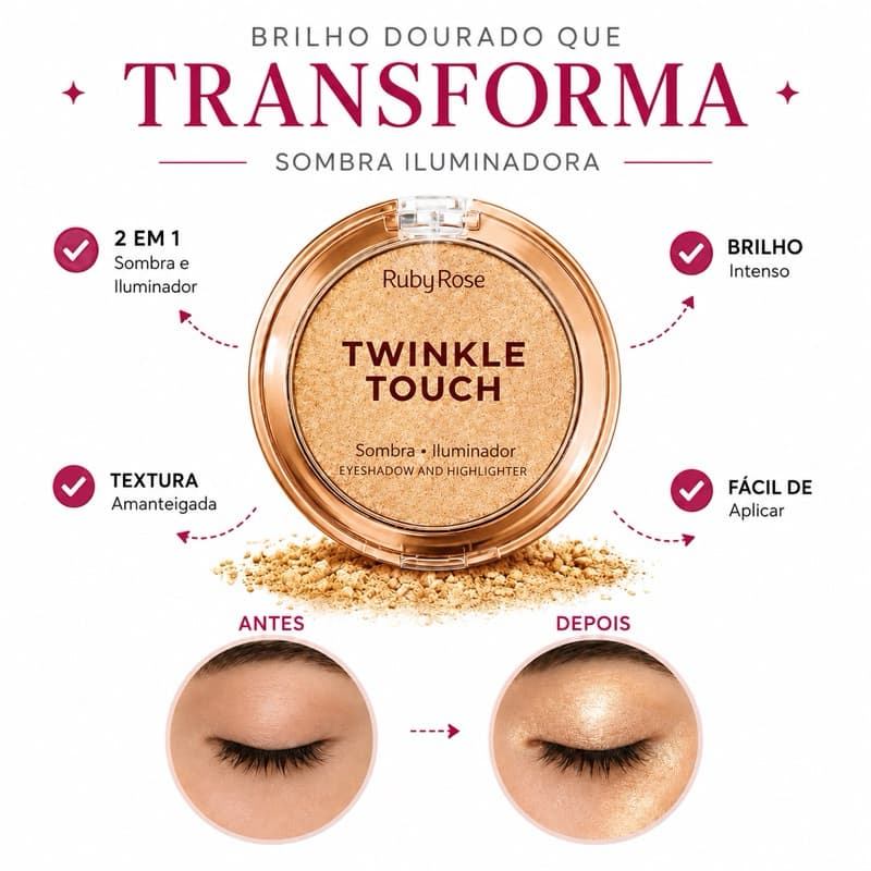 SOMBRA E ILUMINADOR 2 em 1 – Brilho Glam – Efeito Iluminado – Twinkle Touch Ruby Rose - Cor Golden Daze