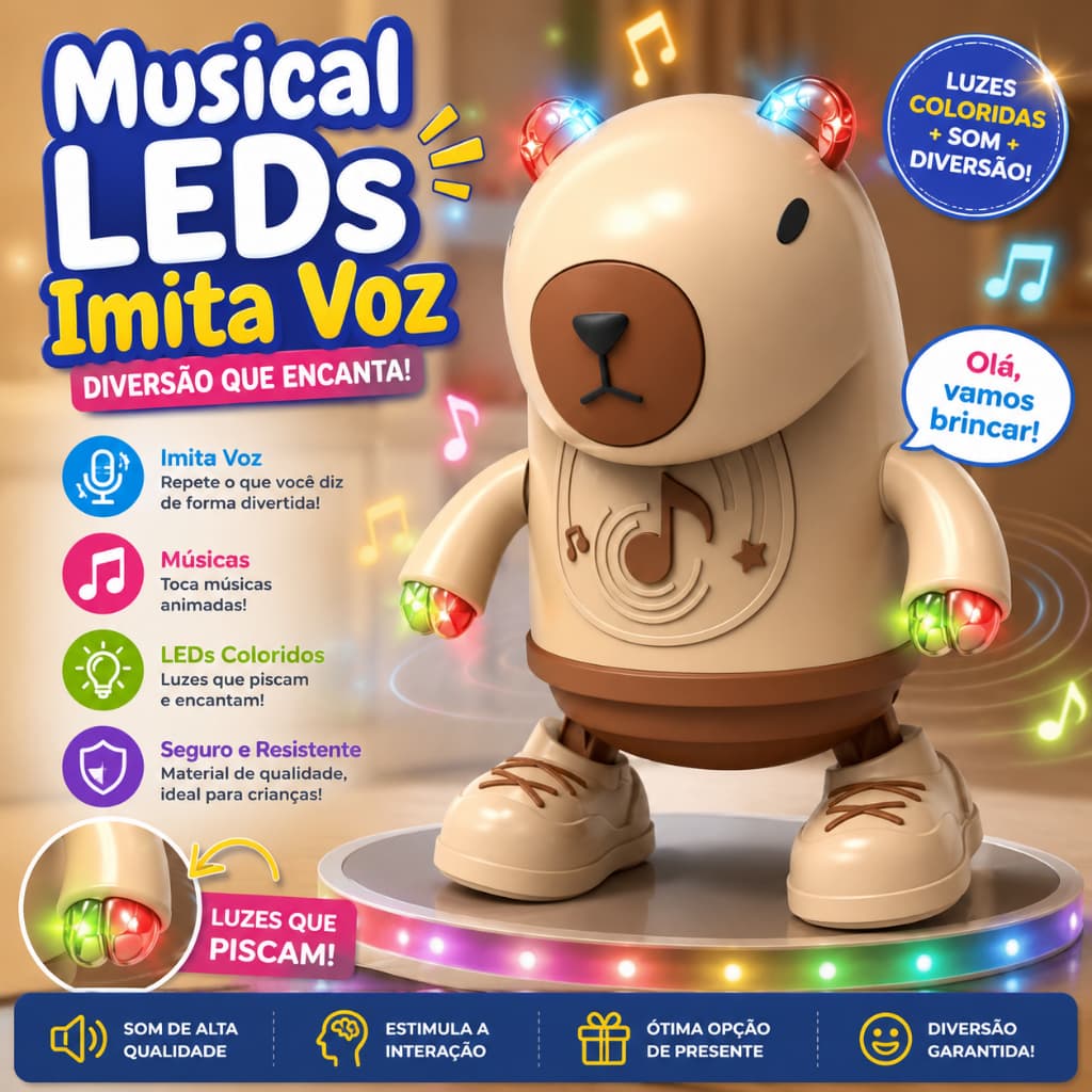 Capivara Sons Luz Movimento Dança Canta Brinquedo Sensorial