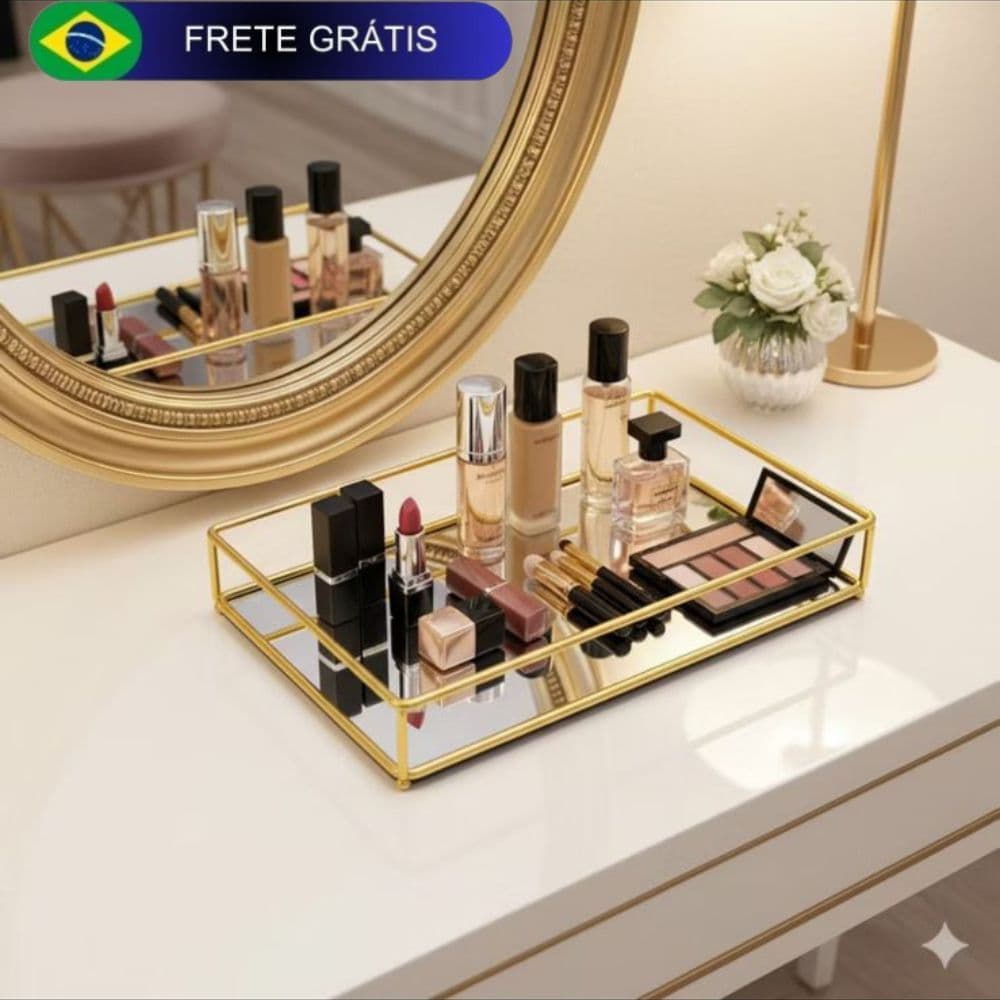 Bandeja espelhada retangular para perfumes/lavabo/banheiro de vidro rosé e dourado