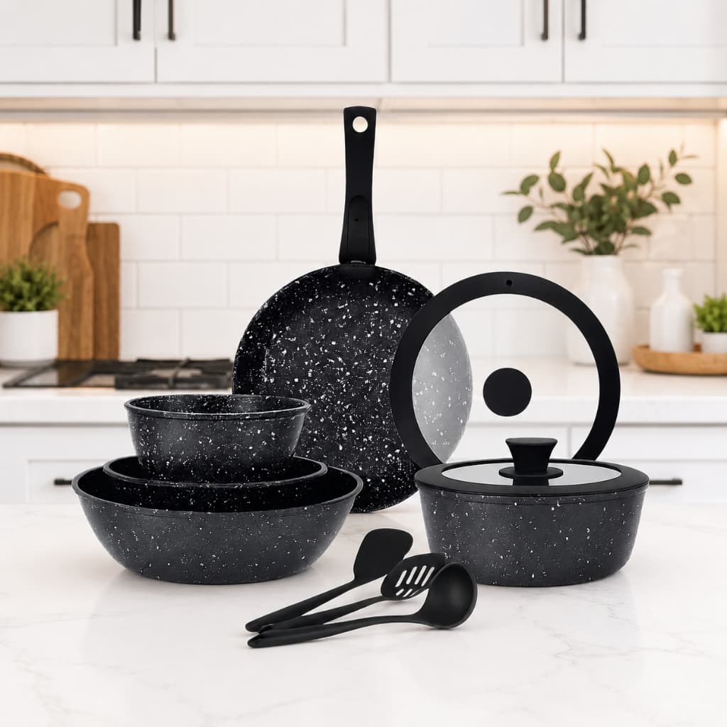 Jogo de Panelas Cerâmica 11 Peças Cabo Removível Antiaderente Kit Cozinha Completo Preto