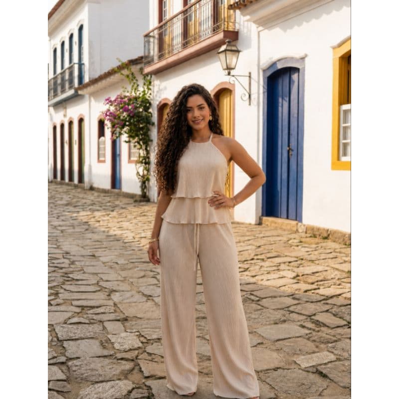 Conjunto Plissado Elegance Frente Única e Calça Pantalona