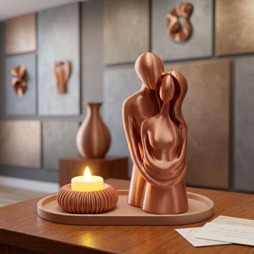 Enfeite Sala Quarto Casal Escultura Minimalista Com Vela Led Decorativo Bandeja Família Amor Moderno