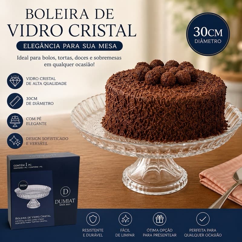Boleira de Vidro Cristal com Pé 30cm Elegante para Bolos e Doces