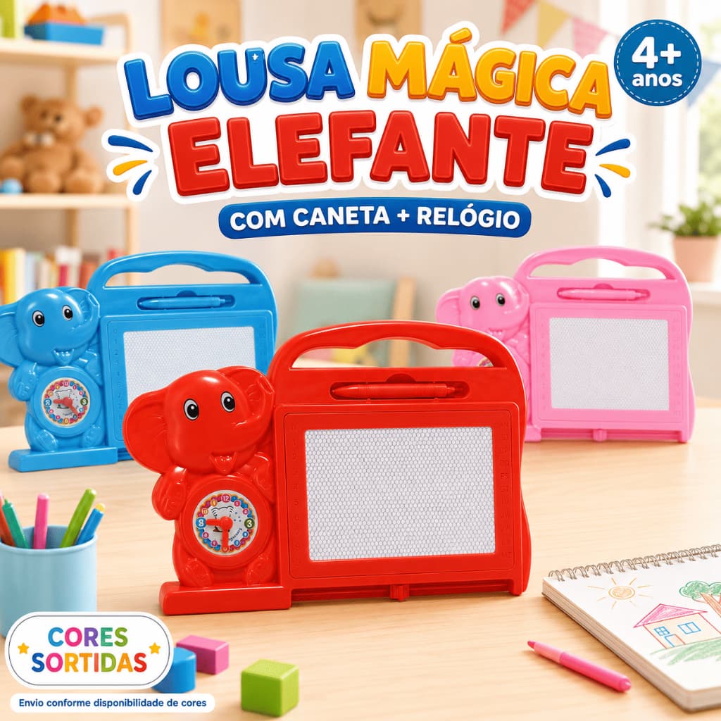 Lousa Mágica Infantil Elefante com Caneta Relógio Educativo Quadro de Desenho Apaga Fácil