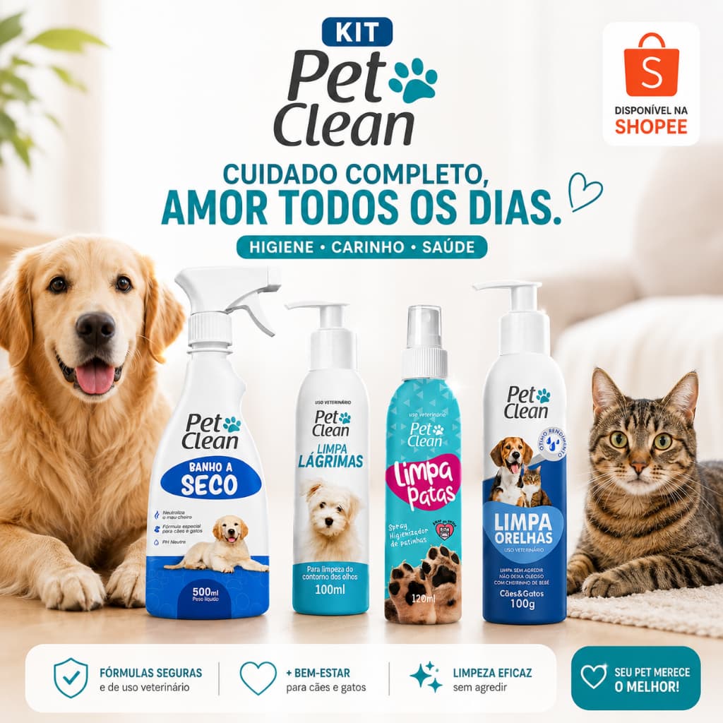 KIT HIGIENE PET 4em 1 Premium–Banho Seco, Limpa Lágrima, Pata, Orelha| Limpeza Completa Sem Estresse