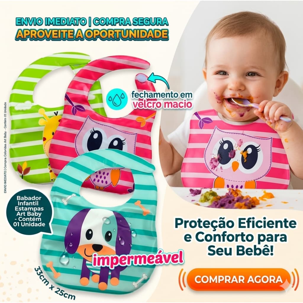 Babador Impermeável Bebê Infantil com Velcro Menina e Menino com Pegador de Migalhas