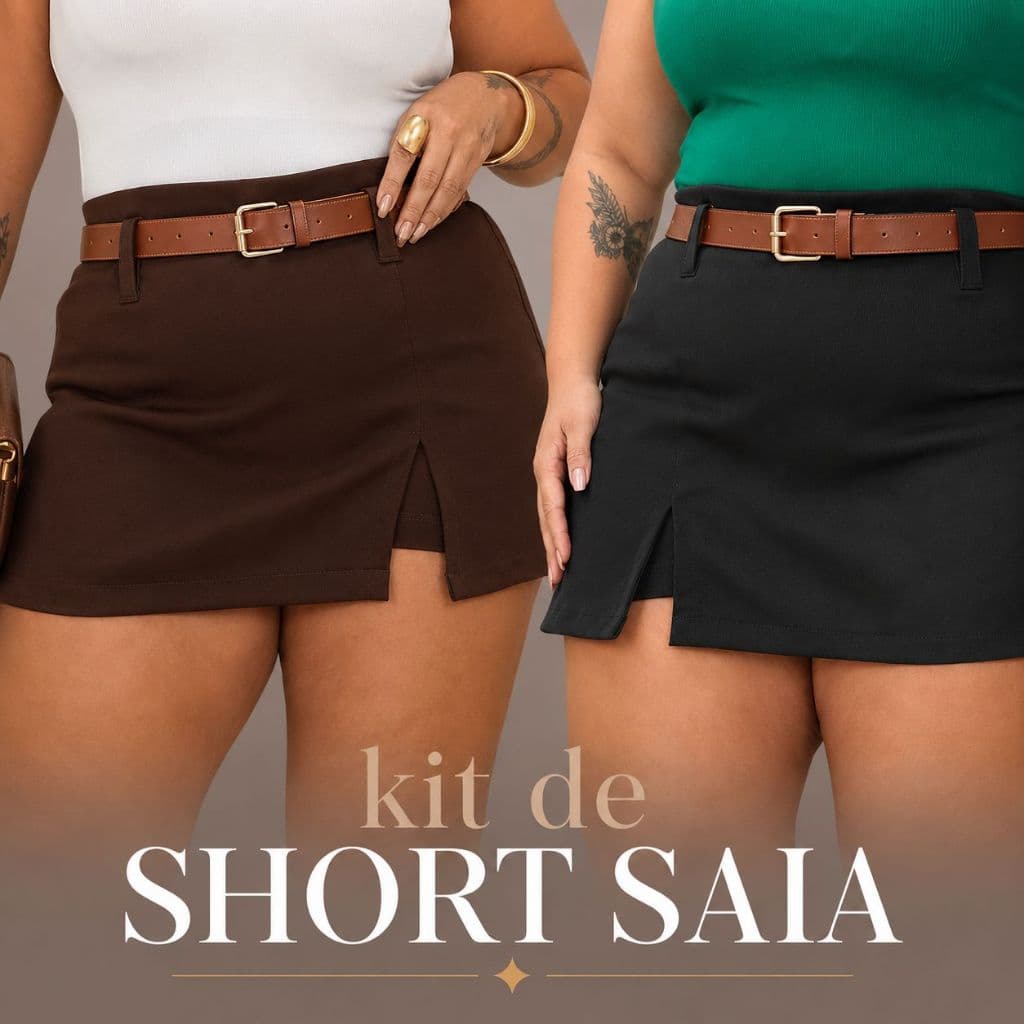 KIT SHORT SAIA  PLUS SIZE ALFAIATARIA PREMIUM COM CINTO | VESTE G1 G2 G3